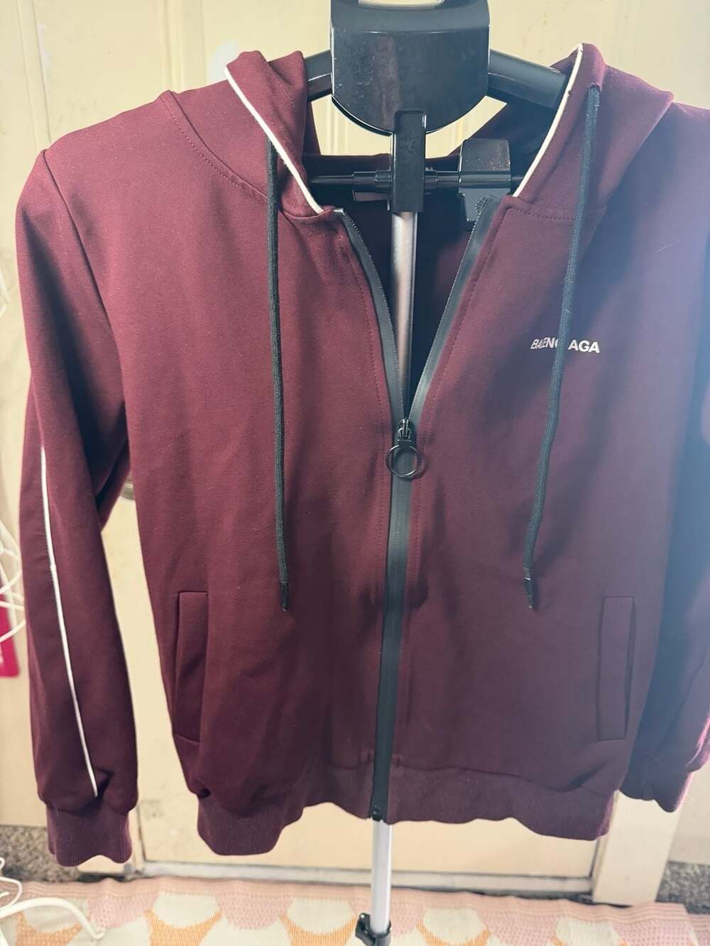 BALENCIAGA Maroon Full-Zip Hoodie with White Piping and Logo